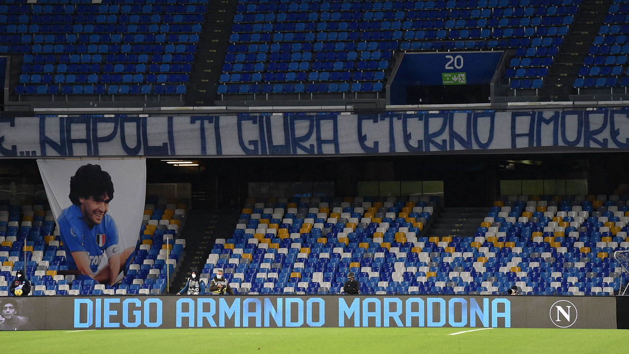 NAPLES, ITALY - NOVEMBER 29: A general view of Stadio San Paolo with banner in memory of Argentine football legend Diego Armando Maradona prior to the Serie A match between SSC Napoli and AS Roma at Stadio San Paolo on November 29, 2020 in Naples, Italy.