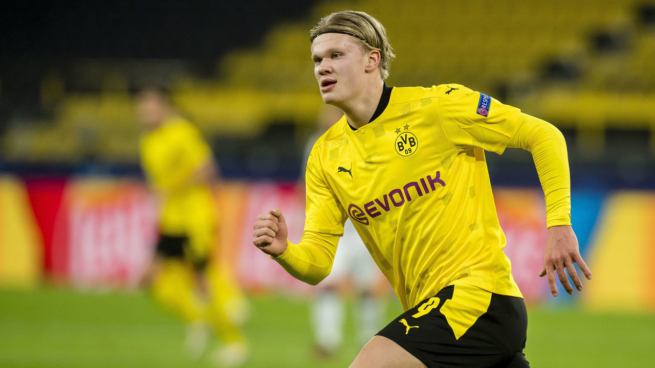 DORTMUND, GERMANY - NOVEMBER 24: Erling Haaland of Borussia Dortmund in action during the Champions League match between Borussia Dortmund and Club Brugge KV at the Signal Iduna Park on November 24, 2020 in Dortmund, Germany.