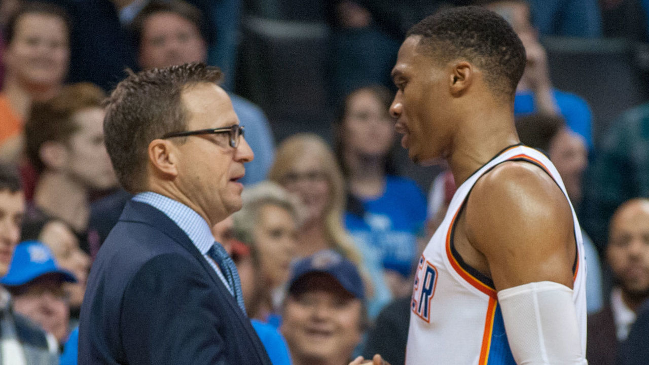 OKLAHOMA CITY, OK - NOVEMBER 30: Oklahoma City Thunder Guard Russell Westbrook (0) talking to his former coach Scott Brooks during the Washington Wizards game on November 30, 2016, at the Chesapeake Energy Arena Oklahoma City, OK.