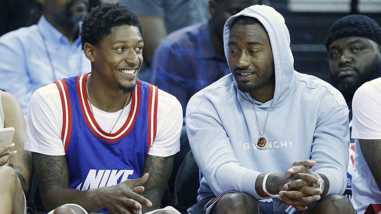 LAS VEGAS, NEVADA - JULY 08: Bradley Beal (L) and John Wall of the Washington Wizards look on during the game between the Washington Wizards and the Brooklyn Nets during the 2019 Summer League at the Thomas & Mack Center on July 08, 2019 in Las Vegas, Nevada.