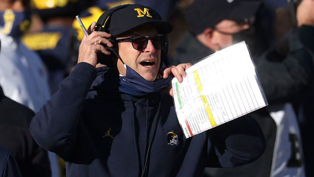 ANN ARBOR, MICHIGAN - NOVEMBER 28: Head coach Jim Harbaugh of the Michigan Wolverines reacts in the second half while playing the Penn State Nittany Lions at Michigan Stadium on November 28, 2020 in Ann Arbor, Michigan.