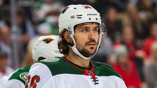 DETROIT, MI - FEBRUARY 27: Mats Zuccarello #36 of the Minnesota Wild gets set for the face-off against the Detroit Red Wings during an NHL game at Little Caesars Arena on February 27, 2020 in Detroit, Michigan. Minnesota defeated Detroit 7-1.
