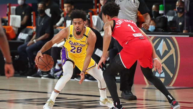 Orlando, FL - AUGUST 20: Quinn Cook #28 of the Los Angeles Lakers handles the ball against the Portland Trail Blazers during Round One, Game 2 of the NBA Playoffs on August 20, 2020 at AdventHealth Arena at ESPN Wide World of Sports in Orlando, Florida. NOTE TO USER: User expressly acknowledges and agrees that, by downloading and/or using this Photograph, user is consenting to the terms and conditions of the Getty Images License Agreement. Mandatory Copyright Notice: Copyright 2020 NBAE
