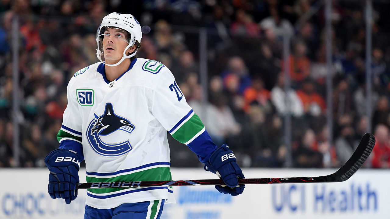 ANAHEIM, CALIFORNIA - NOVEMBER 01: Loui Eriksson #21 of the Vancouver Canucks looks up during a stop in play in a 2-1 Anaheim Ducks win at Honda Center on November 01, 2019 in Anaheim, California.