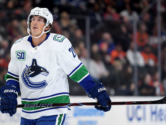 ANAHEIM, CALIFORNIA - NOVEMBER 01: Loui Eriksson #21 of the Vancouver Canucks looks up during a stop in play in a 2-1 Anaheim Ducks win at Honda Center on November 01, 2019 in Anaheim, California.