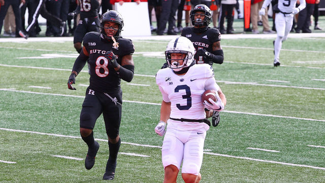PISCATAWAY, NJ - DECEMBER 05: Penn State Nittany Lions wide receiver Parker Washington (3) makes a catch and scores a touchdown during the first quarter of the college football game between the Rutgers Scarlet Knights and the Penn State Nittany Lions on December 5, 2020 at SHI Stadium in Piscataway, NJ.
