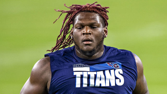 NASHVILLE, TN - NOVEMBER 12: Isaiah Wilson #79 of the Tennessee Titans warms up before a game against the Indianapolis Colts at Nissan Stadium on November 12, 2020 in Nashville, Tennessee. The Colts defeated the Titans 34-17.