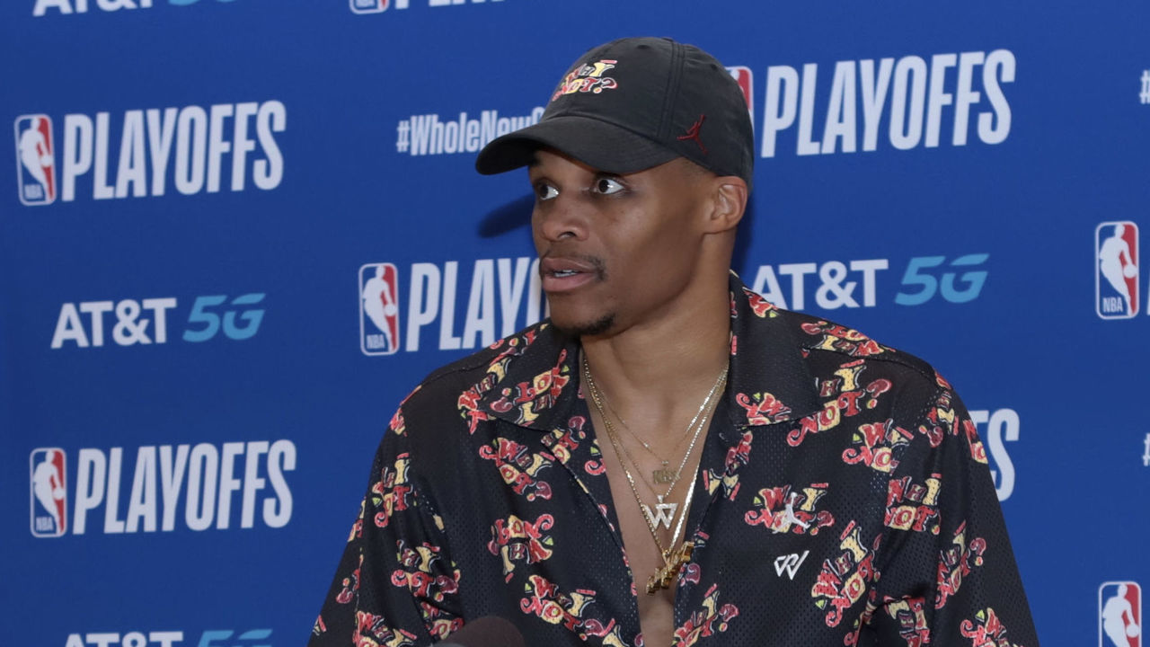ORLANDO, FL - SEPTEMBER 10: Russell Westbrook #0 of the Houston Rockets speaks to the media after the game against the Los Angeles Lakers in Game four of the second round of the 2020 Playoffs as part of the NBA Restart 2020 on September 10, 2020 at AdventHealth Arena at ESPN Wide World of Sports Complex in Orlando, Florida. NOTE TO USER: User expressly acknowledges and agrees that, by downloading and/or using this photograph, user is consenting to the terms and conditions of the Getty Images License Agreement. Mandatory Copyright Notice: Copyright 2020 NBAE