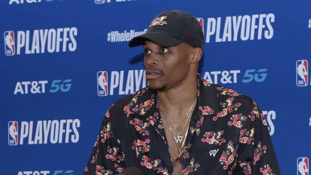 ORLANDO, FL - SEPTEMBER 10: Russell Westbrook #0 of the Houston Rockets speaks to the media after the game against the Los Angeles Lakers in Game four of the second round of the 2020 Playoffs as part of the NBA Restart 2020 on September 10, 2020 at AdventHealth Arena at ESPN Wide World of Sports Complex in Orlando, Florida. NOTE TO USER: User expressly acknowledges and agrees that, by downloading and/or using this photograph, user is consenting to the terms and conditions of the Getty Images License Agreement. Mandatory Copyright Notice: Copyright 2020 NBAE