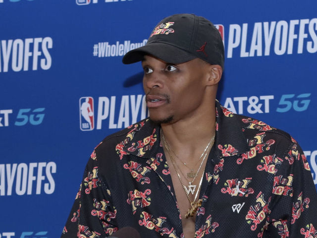 ORLANDO, FL - SEPTEMBER 10: Russell Westbrook #0 of the Houston Rockets speaks to the media after the game against the Los Angeles Lakers in Game four of the second round of the 2020 Playoffs as part of the NBA Restart 2020 on September 10, 2020 at AdventHealth Arena at ESPN Wide World of Sports Complex in Orlando, Florida. NOTE TO USER: User expressly acknowledges and agrees that, by downloading and/or using this photograph, user is consenting to the terms and conditions of the Getty Images License Agreement. Mandatory Copyright Notice: Copyright 2020 NBAE