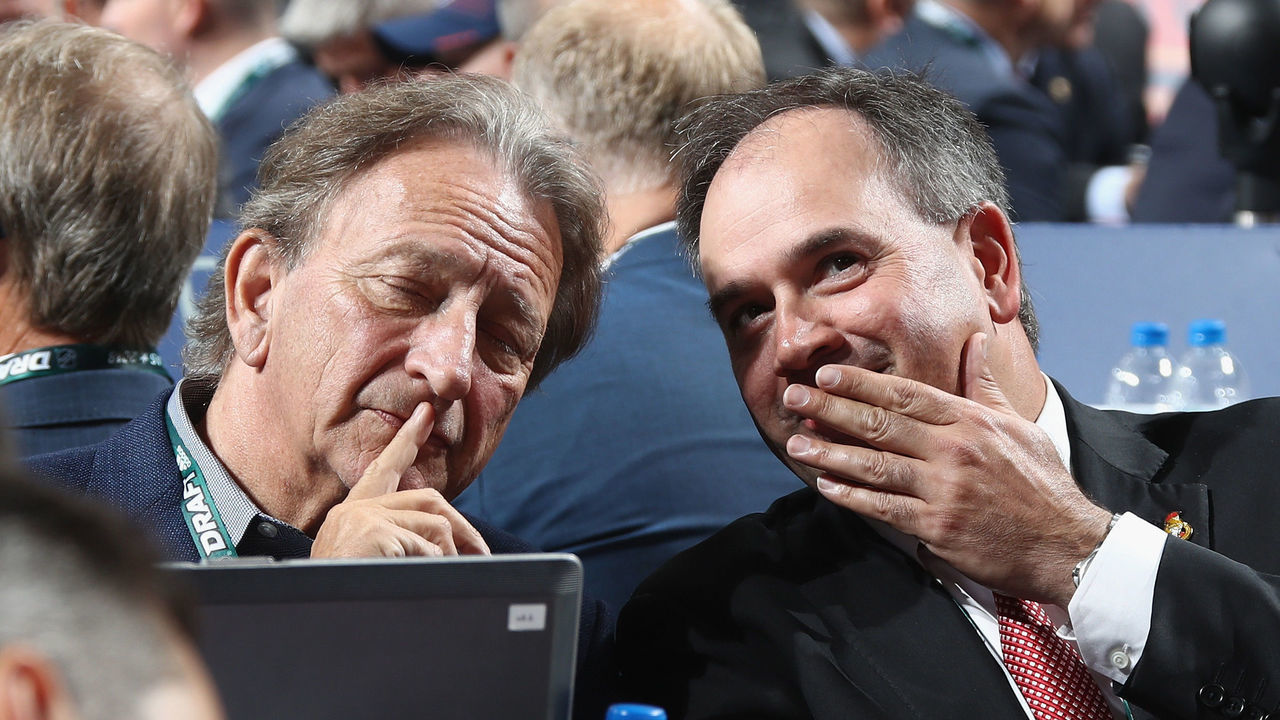 DALLAS, TX - JUNE 22: Eugene Melynk and Pierre Dorion of the Ottawa Senators attend the first round of the 2018 NHL Draft at American Airlines Center on June 22, 2018 in Dallas, Texas.