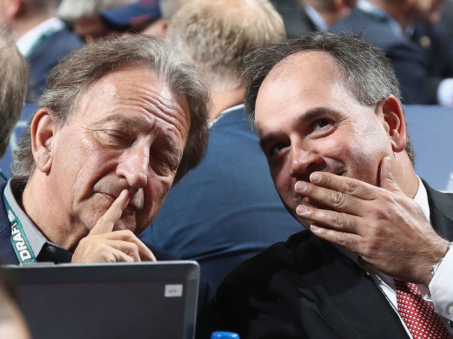 DALLAS, TX - JUNE 22: Eugene Melynk and Pierre Dorion of the Ottawa Senators attend the first round of the 2018 NHL Draft at American Airlines Center on June 22, 2018 in Dallas, Texas.