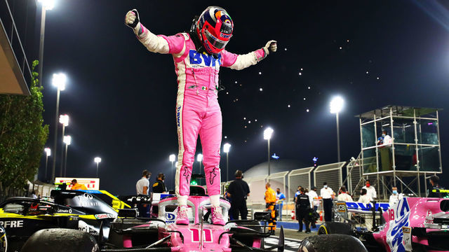 BAHRAIN, BAHRAIN - DECEMBER 06: Race winner Sergio Perez of Mexico and Racing Point celebrates in parc ferme during the F1 Grand Prix of Sakhir at Bahrain International Circuit on December 06, 2020 in Bahrain, Bahrain.
