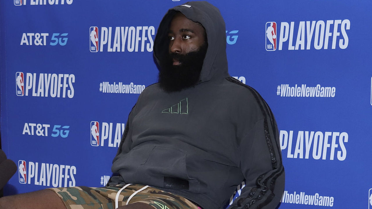 ORLANDO, FL - SEPTEMBER 12: James Harden #13 of the Houston Rockets speaks to the media after the game against the Los Angeles Lakers in Game five of the second round of the 2020 Playoffs as part of the NBA Restart 2020 on September 12, 2020 at AdventHealth Arena at ESPN Wide World of Sports Complex in Orlando, Florida. NOTE TO USER: User expressly acknowledges and agrees that, by downloading and/or using this photograph, user is consenting to the terms and conditions of the Getty Images License Agreement. Mandatory Copyright Notice: Copyright 2020 NBAE