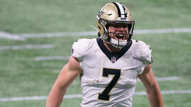 ATLANTA, GEORGIA - DECEMBER 06: Taysom Hill #7 of the New Orleans Saints celebrates his second quarter touchdown pass against the Atlanta Falcons at Mercedes-Benz Stadium on December 06, 2020 in Atlanta, Georgia.