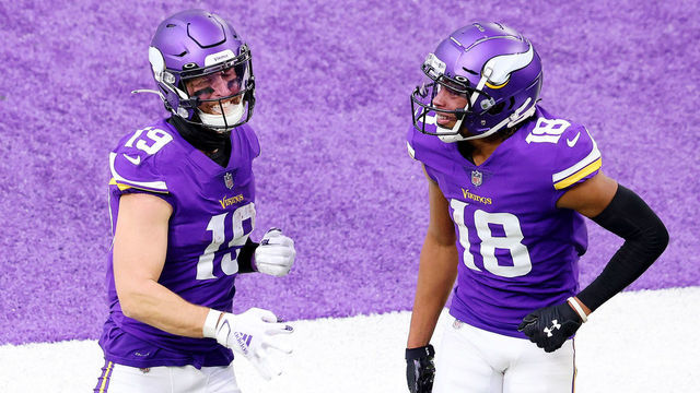 MINNEAPOLIS, MINNESOTA - DECEMBER 06: Adam Thielen #19 of the Minnesota Vikings celebrates his touchdown with teammate Justin Jefferson #18 in the second quarter against the Jacksonville Jaguars at U.S. Bank Stadium on December 06, 2020 in Minneapolis, Minnesota.