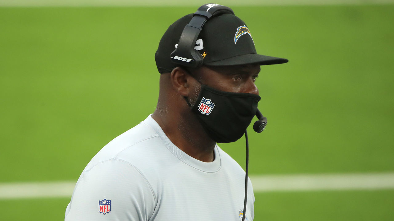 INGLEWOOD, CALIFORNIA - DECEMBER 06: Head coach Anthony Lynn of the Los Angeles Chargers looks on from the side line during the first half of the game against the New England Patriots at SoFi Stadium on December 06, 2020 in Inglewood, California.