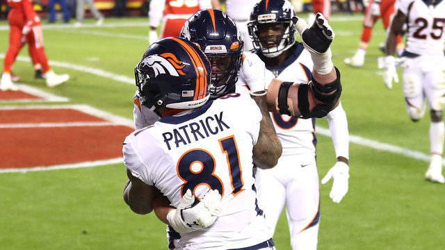 KANSAS CITY, MISSOURI - DECEMBER 06: Tim Patrick #81 of the Denver Broncos celebrates with Garett Bolles #72 after a five-yard reception touchdown during the second quarter of a game against the Kansas City Chiefs at Arrowhead Stadium on December 06, 2020 in Kansas City, Missouri.