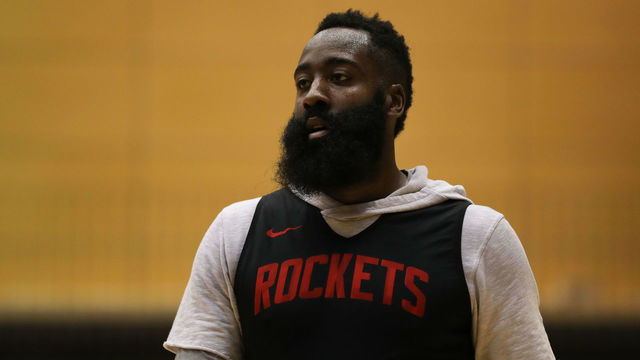 TOKYO, JAPAN - OCTOBER 07: James Harden #13 of Houston Rockets looks on during a practice at a training facility on October 07, 2019 in Tokyo, Japan.
