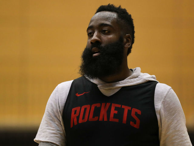 TOKYO, JAPAN - OCTOBER 07: James Harden #13 of Houston Rockets looks on during a practice at a training facility on October 07, 2019 in Tokyo, Japan.