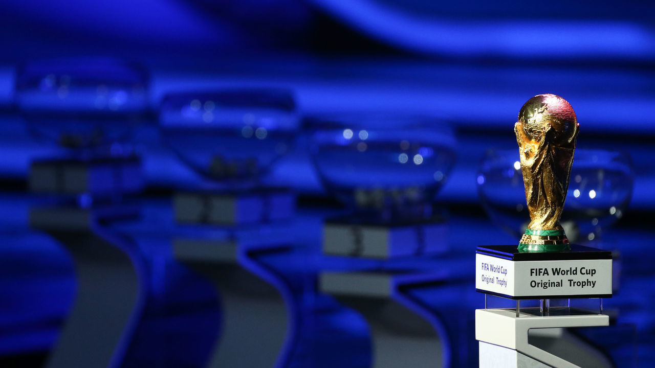 2018 FIFA World Cup winner's trophy seen during the Final Draw for the 2018 FIFA World Cup at the State Kremlin Palace on December 01, 2017 in Moscow, Russia.