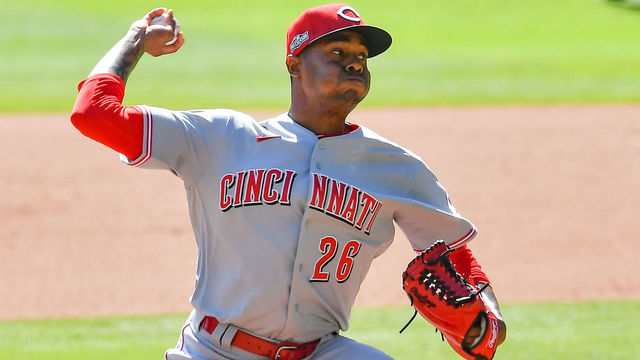 ATLANTA, GA OCTOBER 01: Cincinnati Reds relief pitcher Raisel Iglesias (26) throws a pitch during the National League Wild Card Series game between the Cincinnati Reds and the Atlanta Braves on October 1st, 2020 at Truist Park in Atlanta, GA.