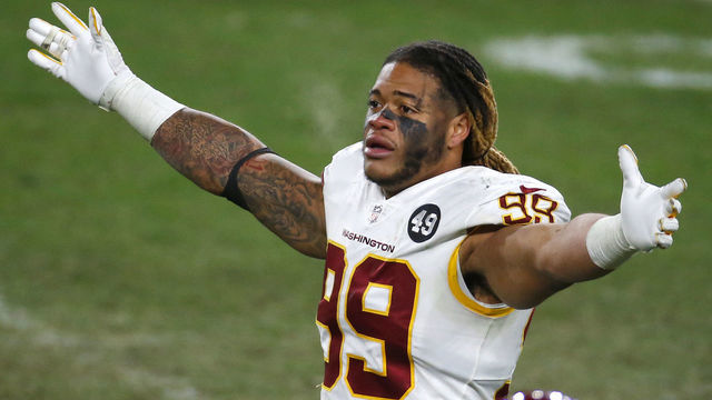 PITTSBURGH, PENNSYLVANIA - DECEMBER 07: Chase Young #99 of the Washington Football Team celebrates following their 23-17 win over the Pittsburgh Steelers at Heinz Field on December 07, 2020 in Pittsburgh, Pennsylvania.