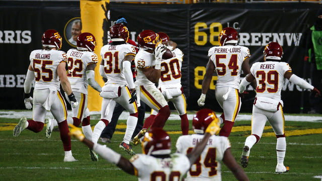 PITTSBURGH, PENNSYLVANIA - DECEMBER 07: Jon Bostic #53 of the Washington Football Team celebrates with teammates following an interception during the fourth quarter of their game against the Pittsburgh Steelers at Heinz Field on December 07, 2020 in Pittsburgh, Pennsylvania.