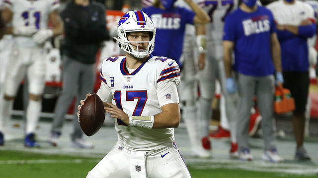GLENDALE, ARIZONA - DECEMBER 07: Quarterback Josh Allen #17 of the Buffalo Bills looks to pass during the first quarter of a game against the San Francisco 49ers at State Farm Stadium on December 07, 2020 in Glendale, Arizona.