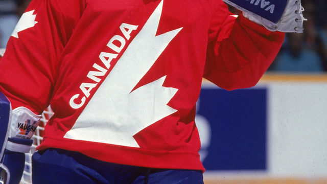 Canadian professional hockey player Bill Ranford, goalie of the Edmonton Oilers, skates on the ice as a member of Team Canada at the Canada Cup international hockey tournament, August, 1991. Ranford was named the tournament MVP.