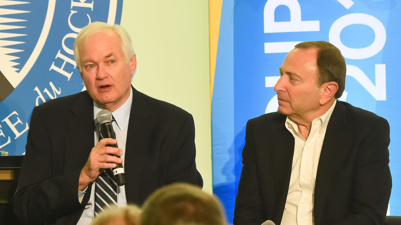 TORONTO, ON - SEPTEMBER 21: Don Fehr and Gary Bettman speak at Hockey SENSE, in partnership with the NHL, NHLPA and Beyond Sport at the World Cup of Hockey 2016 at the Hockey Hall of Fame on September 21, 2016 in Toronto, Ontario, Canada.