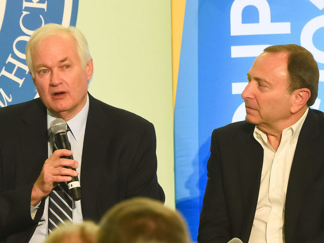 TORONTO, ON - SEPTEMBER 21: Don Fehr and Gary Bettman speak at Hockey SENSE, in partnership with the NHL, NHLPA and Beyond Sport at the World Cup of Hockey 2016 at the Hockey Hall of Fame on September 21, 2016 in Toronto, Ontario, Canada.