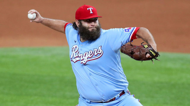 ARLINGTON, TEXAS - SEPTEMBER 13: Lance Lynn #35 of the Texas Rangers pitches against the Oakland Athletics in the top of the fifth inning at Globe Life Field on September 13, 2020 in Arlington, Texas.