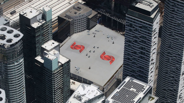 TORONTO, ON - JUNE 17: An aerial view of Scotiabank Arena the home of the Toronto Maple Leafs and Toronto Raptors surrounded by downtown condominiums on June 17, 2019 in Toronto, Canada.