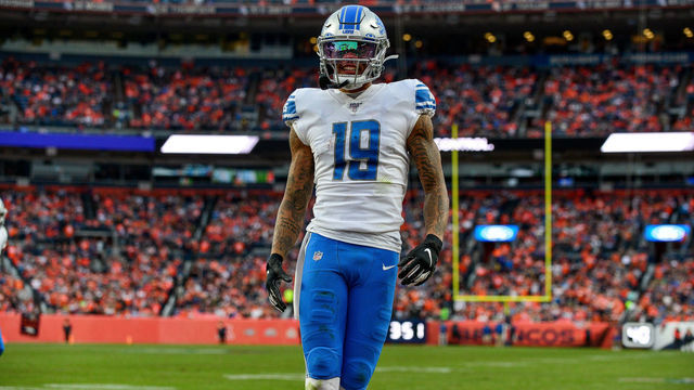 DENVER, CO - DECEMBER 22: Kenny Golladay #19 of the Detroit Lions celebrates after scoring a third quarter touchdown after a catch against the Denver Broncos at Empower Field on December 22, 2019 in Denver, Colorado.