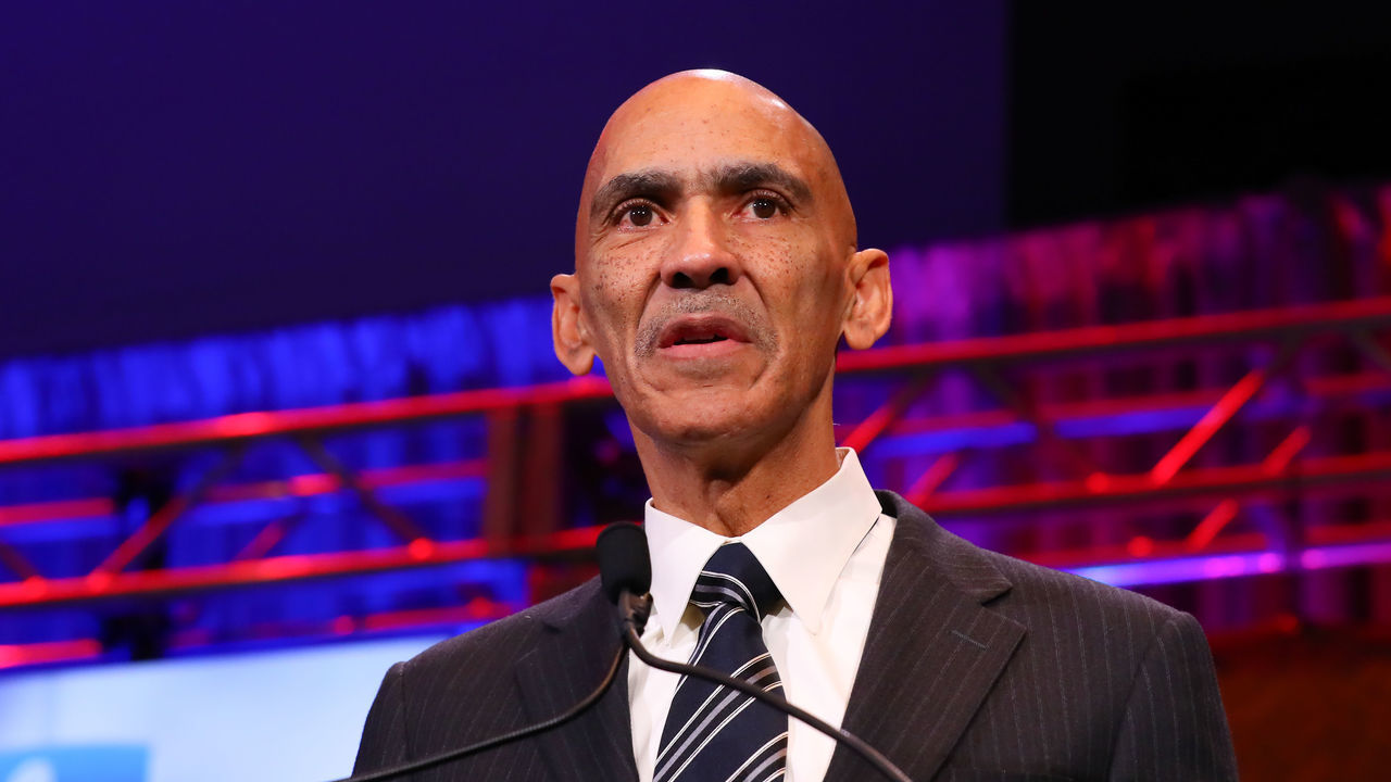 ATLANTA, GA - FEBRUARY 02: Former NFL Coach Tony Dungy speaks during the 2019 Athletes in Action/Bart Starr award at the 32nd Annual Super Bowl Breakfast during Super Bowl LIII week on February 2, 2019 at the Marriott Marquis in Atlanta, GA.