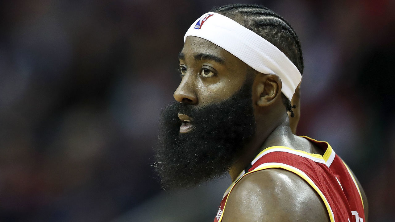 HOUSTON, TX - JANUARY 03: James Harden #13 of the Houston Rockets stands on the court in the first half against the Philadelphia 76ers at Toyota Center on January 3, 2020 in Houston, Texas.
