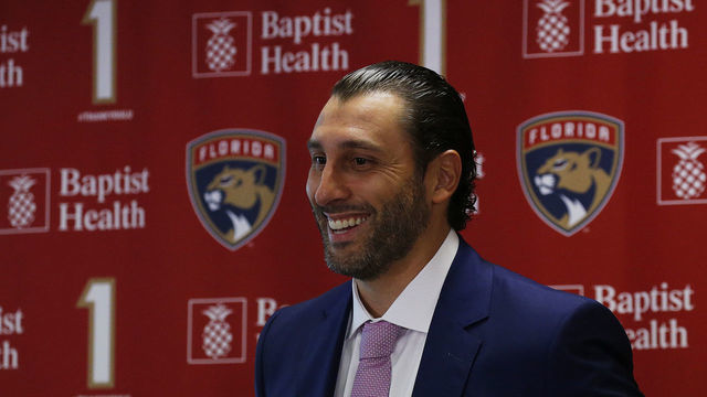 SUNRISE, FL - MARCH 7: Goaltender Roberto Luongo #1 of the Florida Panthers chats with the media at a press conference on his officially retiring and his number being hosted to the rafters at the BB&T Center on March 7, 2020 in Sunrise, Florida.
