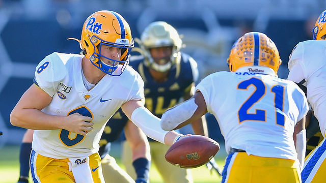 ATLANTA, GA - NOVEMBER 02: Pittsburgh quarterback Kenny Pickett (8) hands the ball off to running back A.J. Davis (21) during the NCAA football game between the Pittsburgh Panthers and the Georgia Tech Yellow Jackets on November 2nd, 2019 at Bobby Dodd Stadium in Atlanta, GA.