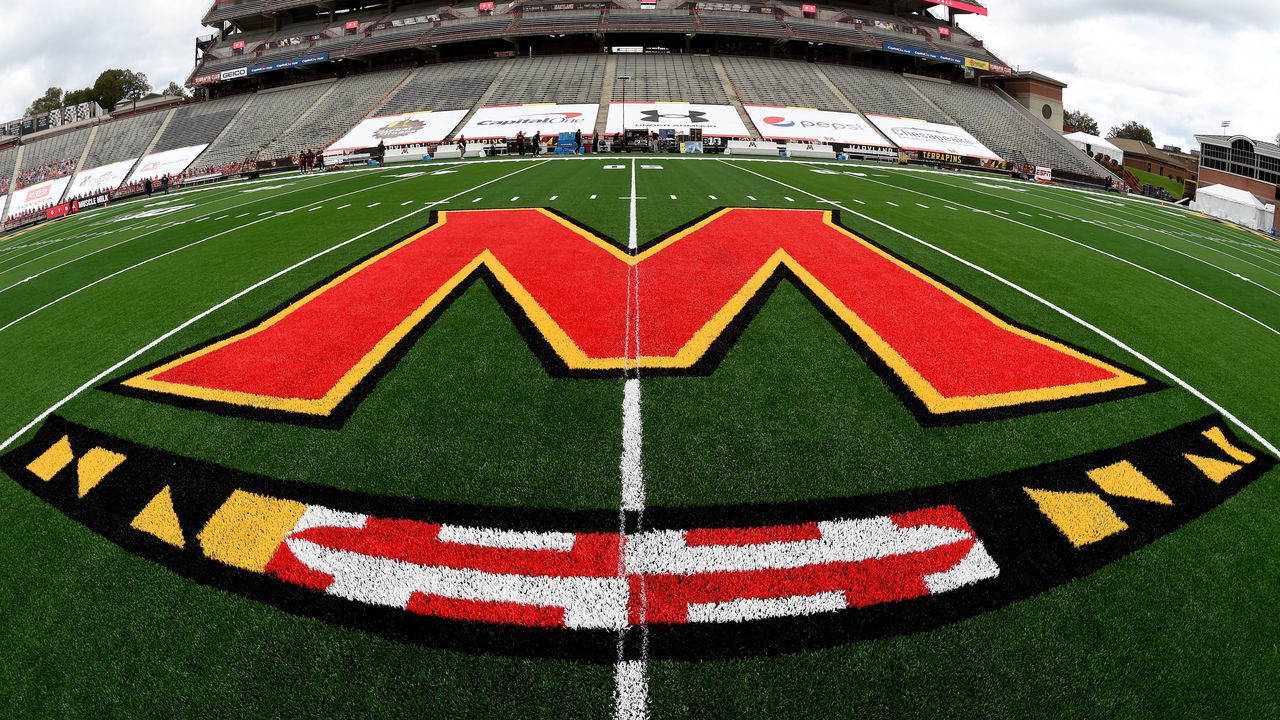 COLLEGE PARK, MD - OCTOBER 30: The Maryland Terrapins logo on the field before the game against the Minnesota Golden Gophers on October 30, 2020 at Maryland Stadium in College Park, Maryland.