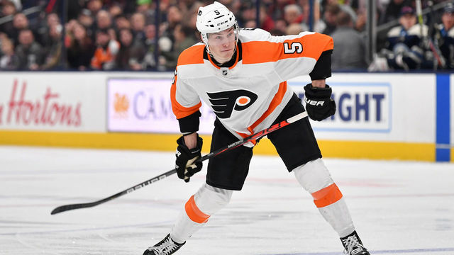 COLUMBUS, OH - FEBRUARY 20: Philippe Myers #5 of the Philadelphia Flyers skates against the Columbus Blue Jackets on February 20, 2020 at Nationwide Arena in Columbus, Ohio.