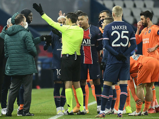 PARIS, FRANCE - DECEMBER 8: Head coach of Medipol Basaksehir Okan Buruk (2nd L) and players are seen as Paris Saint Germain and Medipol Basaksehir UEFA Champions League match paused after Basaksehir head to locker room for alleged racist remarks by 4th official to assistant manager Webo at the Princes Park, in Paris, France on December 8, 2020.