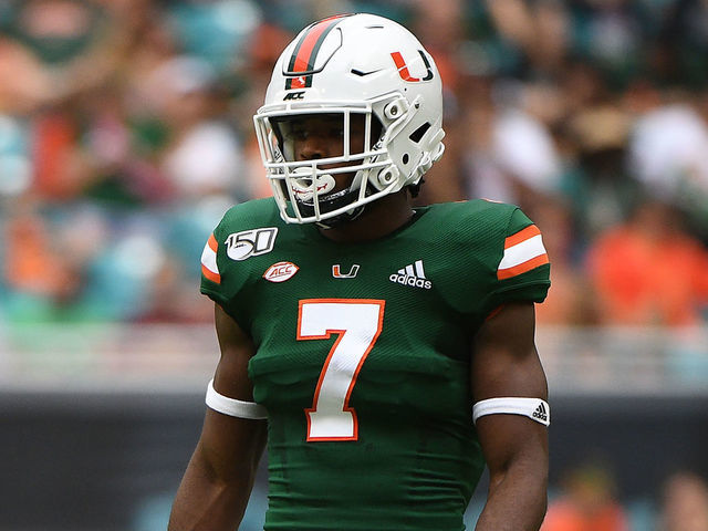 MIAMI, FLORIDA - SEPTEMBER 21: Al Blades Jr. #7 of the Miami Hurricanes in action in the first half against the Central Michigan Chippewas at Hard Rock Stadium on September 21, 2019 in Miami, Florida.