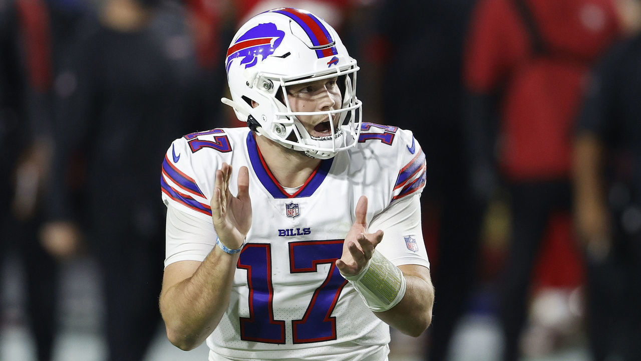 GLENDALE, ARIZONA - DECEMBER 07: Quarterback Josh Allen #17 of the Buffalo Bills reacts to a first down during the second quarter of a game against the San Francisco 49ers at State Farm Stadium on December 07, 2020 in Glendale, Arizona.