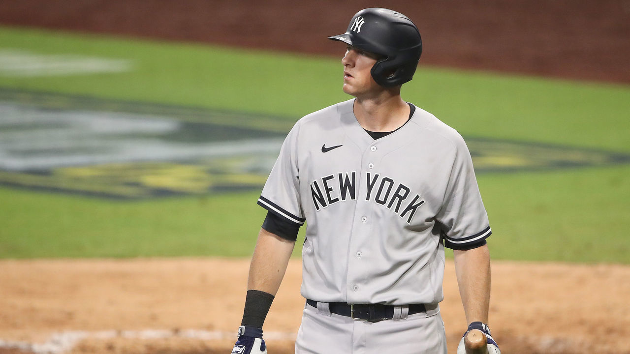 SAN DIEGO, CALIFORNIA - OCTOBER 06: DJ LeMahieu #26 of the New York Yankees reacts after striking out against the Tampa Bay Rays during the seventh inning in Game Two of the American League Division Series at PETCO Park on October 06, 2020 in San Diego, California.