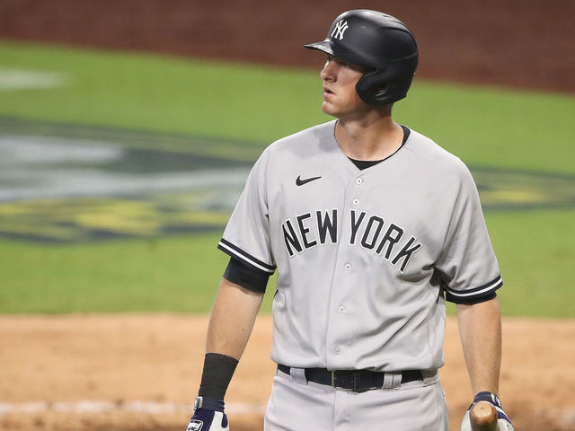 SAN DIEGO, CALIFORNIA - OCTOBER 06: DJ LeMahieu #26 of the New York Yankees reacts after striking out against the Tampa Bay Rays during the seventh inning in Game Two of the American League Division Series at PETCO Park on October 06, 2020 in San Diego, California.