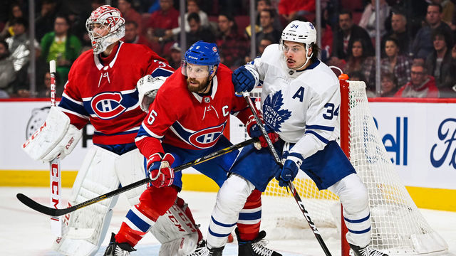 MONTREAL, QC - OCTOBER 26: Montreal Canadiens defenceman Shea Weber (6) and Toronto Maple Leafs center Auston Matthews (34) battle for position during the Toronto Maple Leafs versus the Montreal Canadiens game on October 26, 2019, at Bell Centre in Montreal, QC