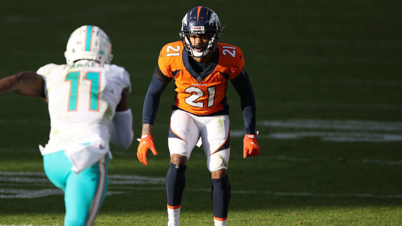 Football: Denver Broncos A.J. Bouye (21) at line of scru=immage during game vs Miami Dolphins at Sports Authority Field at Milke High Stadium. Denver, CO 11/22/2020 CREDIT: Jamie Schwaberow