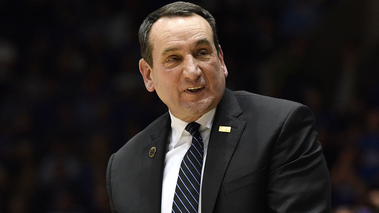 DURHAM, NORTH CAROLINA - MARCH 07: Head coach Mike Krzyzewski of the Duke Blue Devils reacts during the second half of their game against the North Carolina Tar Heels at Cameron Indoor Stadium on March 07, 2020 in Durham, North Carolina. Duke won 89-76.