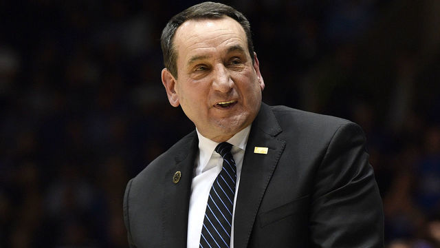 DURHAM, NORTH CAROLINA - MARCH 07: Head coach Mike Krzyzewski of the Duke Blue Devils reacts during the second half of their game against the North Carolina Tar Heels at Cameron Indoor Stadium on March 07, 2020 in Durham, North Carolina. Duke won 89-76.